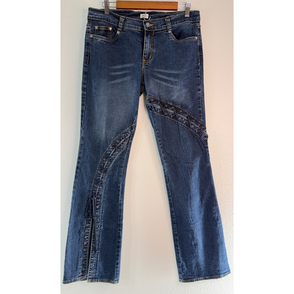 VTG Y2K Cache Lace Up Blue Denim Jeans Corset Detail Flare Boho Western Size 8